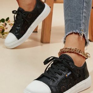 Women Floral Embroidered Lace-up Front Skate Shoes, Sneakers, color:Black|size:42, JustFashionNow