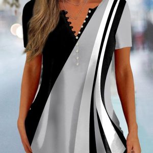 Casual Loose V Neck Buttoned Shirt, Shirts & Blouses, color:Black-grey|size:XXL, JustFashionNow