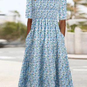 Knitted Small Floral Casual Dress With No Belt, Dresses, color:Blue|size:XXL, JustFashionNow