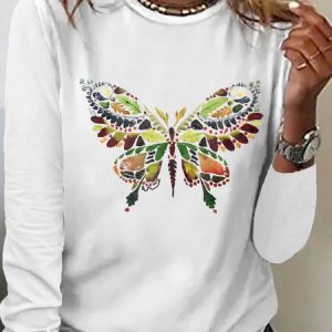 Women's Butterfly Printed Simple Long Sleeve T-Shirt, color:White|size:3XL, Lilicloth.com