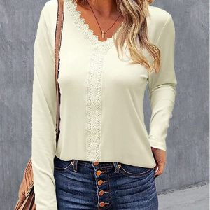 Casual Plain V Neck Long Sleeve T-shirt, T-shirts, color:Beige|size:XXL, Noracora
