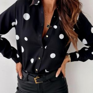 Shirt Collar Long Sleeve Polka Dots Regular Micro-Elasticity Loose Blouse For Women, Shirts, color:Black|size:XXL, Noracora