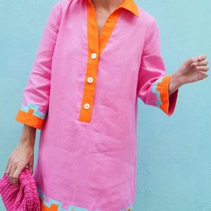 Color Block Loose Urban Shirt Collar Dress, Mini Dresses, color:Pink|size:XS, Stylewe