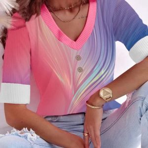 Casual Random Print V Neck Long Sleeve T-shirt, T-shirts, color:Rose Red|size:XXL, Noracora