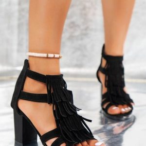 Tassel Suede Block Heel Sandals, Pumps, color:Black|size:43, Stylewe