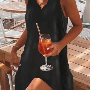 Women's wavy neck little black Dress Loose V Neck Short Sleeve Knit Dress, Short, color:Black|size:XXL, catalog Noracora shop