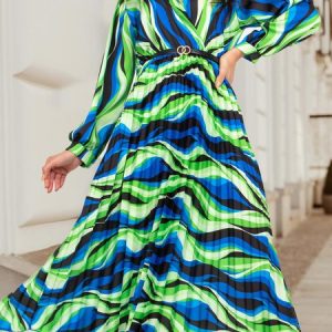 Women Color Block V Neck Long Sleeve Comfy Boho Maxi Dress, Maxi, color:Navyblue|size:XXL, Noracora