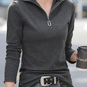 Casual Plain Shawl Collar Zipper Top, Tops, color:Deep Gray|size:XXL, JustFashionNow