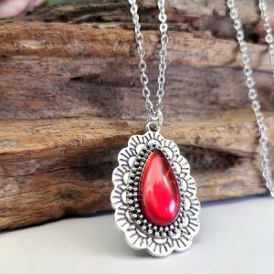 Vintage Drop Ruby Pendant Necklace, Necklaces, color:Wine Red|size:One-size, JustFashionNow