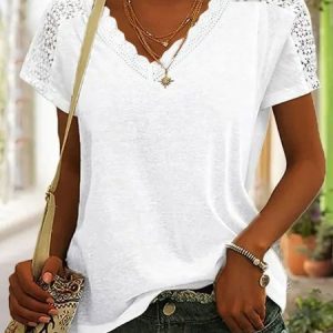 Women Casual Lace Loose V Neck Lace Short Sleeve Summer T-Shirt, Tees & T-shirts, Roselinlin - Online Catalog