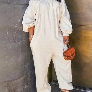 Long sleeve Regular Fit Linen Cold Shoulder Jumpsuit, Jumpsuits, color:Off White|size:XXL, Stylewe