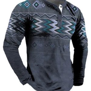 Vintage Regular Fit Ethnic Regular Sleeve Crew Neck Long Sleeve T-Shirt, T-Shirts, color:Blue|size:3XL, JustFashionNow