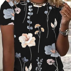 Plus Size Casual Knitted Loose Floral T-Shirt, TOPS, color:Black|size:4X, Noracora