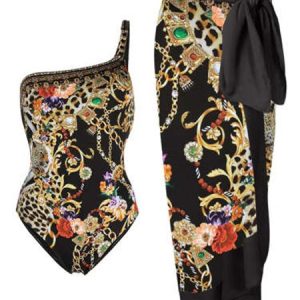 Casual Abstract Printing One Shoulder One Piece With Cover Up, Swimsuit with Coverups, color:Black|size:S, Stylewe