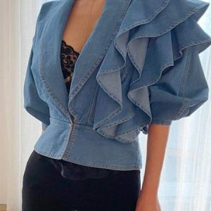 Shawl Collar Regular Fit Elegant Plain Blouse, Blouses and Shirts, color:Blue|size:XXL, Stylewe