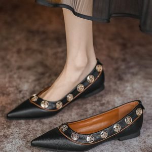 Vintage Rivet Pointed Toe Shallow Shoes, Flats, color:Black|size:40, Stylewe