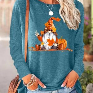 Women's Thanksgiving Crew Neck Casual Long Sleeve T-shirt, color:Green|size:3XL, Lilicloth.com