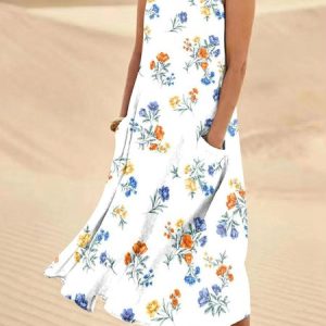 Women Floral Crew Neck Sleeveless Comfy Casual Midi Dress, Midi, color:Blue|size:3XL, Noracora