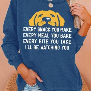 Women's Every Snack You Make I Will Watching You Funny Dog Graphic Print Casual Loose Crew Neck Sweatshirt, color:Blue|size:3XL, Lilicloth.com