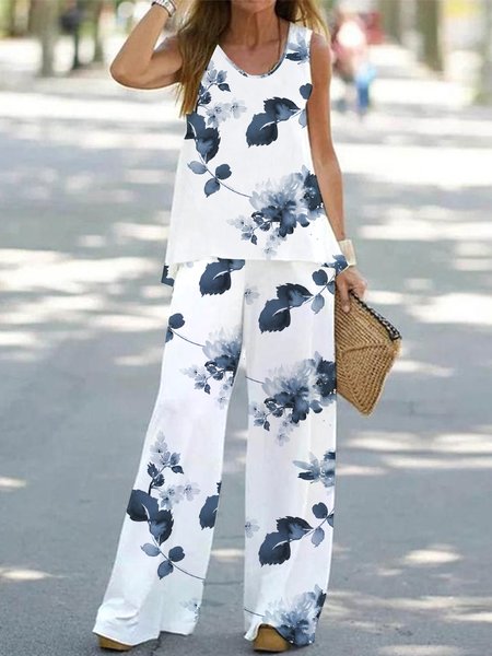 Crew Neck Casual Two-Piece Set, Suit Set, color:white-blue|size:XXL, JustFashionNow