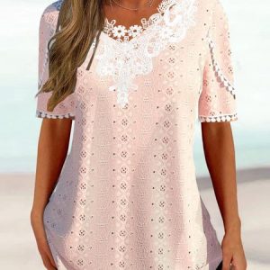 Casual Loose Lace Hollow Summer Shirt, Shirts & Blouses, color:Light Pink|size:XXL, JustFashionNow