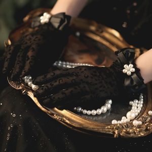 Black Lace Mesh Knit Bow Party Party Wedding Halloween Goth Bridal Gloves, Gloves, color:Black|size:One-size, Stylewe