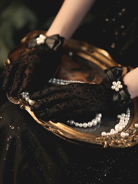 Black Lace Mesh Knit Bow Party Party Wedding Halloween Goth Bridal Gloves, Women Gloves, color:Black|size:One-size, JustFashionNow