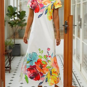 Floral V Neck Vacation Dress, Dresses, color:White|size:XXL, JustFashionNow