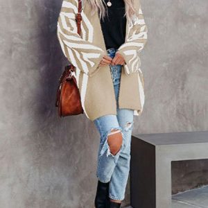 Casual Striped Loose V Neck Cardigan, Sweaters, color:Khaki|size:XL, JustFashionNow