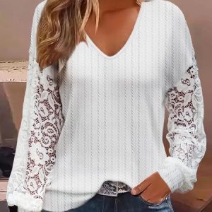 Knitted Casual Split Joint V Neck Lace Shirt, Shirts & Blouses, color:White|size:XXL, JustFashionNow