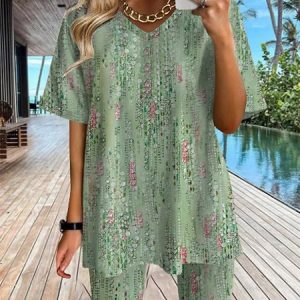 V Neck Polka Dots Casual Two-Piece Set, Suit Set, color:Green|size:XXL, JustFashionNow