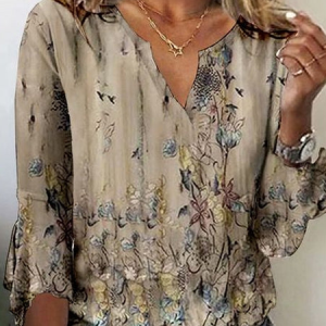 Floral Casual Loose T-Shirt, T-shirts, color:Khaki|size:XXL, Noracora