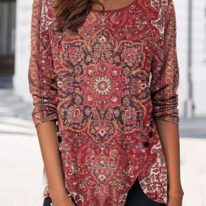 Ethnic Loose Casual Crew Neck Shirt, Shirts & Blouses, color:Red|size:XXL, JustFashionNow