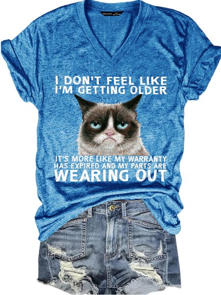 Women's Funny Qoute Grumpy Cat Crew Neck Loose Casual T-Shirt, color:Blue|size:3XL, Lilicloth.com