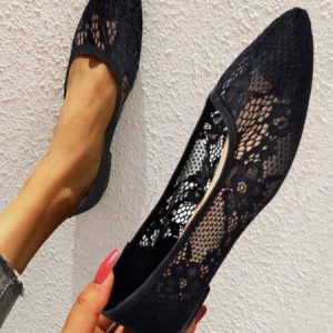 Casual Plain Slip On Flat Heel Shallow Shoes Lace, Flats/Loafers, color:Black|size:41, Noracora