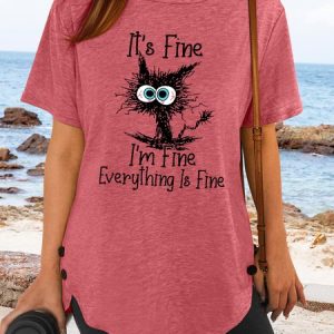 Womens Funny I Am Fine Casual Crew Neck Short Sleeve T-Shirt, color:Red|size:3XL, Lilicloth.com