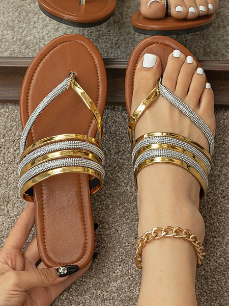 Fashion Golden Rhinestone Striped Flip-flops, Sandals & Slippers, color:Golden|size:41, JustFashionNow