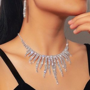 Elegant Full Diamond Tassel Earrings Necklace Fashion Party Women Jewelry Set, Necklaces, color:As Picture|size:One-size, Stylewe