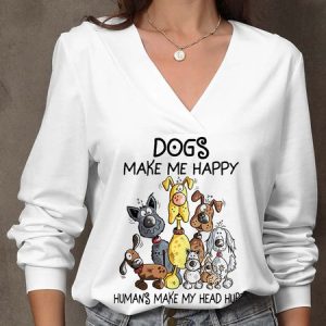 Dogs Make Me Happy Slogan Print V-Neck Top, T-Shirts, color:White|size:XXL, JustFashionNow