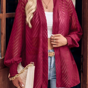 Long Sleeve Striped Jacquard Regular Loose Kimono For Women, Kimono, color:Wine Red|size:XL, Noracora