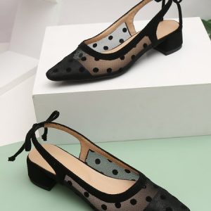 Black Polka Dot Mesh Elegant Pointed Toe Back Empty Shoes, Heels, color:Black|size:44, Stylewe