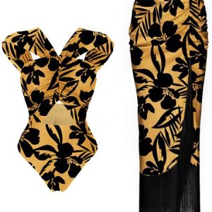 Elegant Floral Printing V Neck One Piece With Cover Up, swimwear>>Bikini Sets, color:Black-brown|size:XXL, JustFashionNow