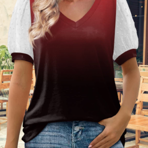 Urban Plain Puff Sleeve V Neck Loose T-Shirt, T-Shirts, color:Wine Red|size:XXL, JustFashionNow