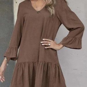 Ethnic Plain Ruffled Sleeves V Neck Loose Dress, Dresses, color:Deep Brown|size:3XL, JustFashionNow