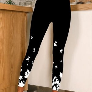 Casual Floral Cotton Blends Leggings, Leggings, color:Black|size:XXL, JustFashionNow
