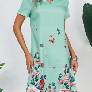 Women Floral Notched Short Sleeve Comfy Casual Short Dress, Short, color:Cyan|size:XXL, Noracora