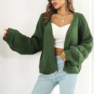 Women Yarn/Wool Yarn Plain Long Sleeve Comfy Casual Cardigan, Cardigans, color:Army Green|size:XL, Noracora