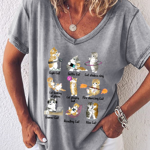 Women's Funny Cat Action Simple Animal T-Shirt, T-shirts, Lilicloth.com
