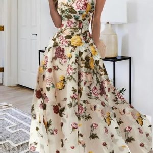 Floral Design Slim Tank Maxi Skirt Dress, Floral Dresses, color:Off White|size:XXL, JustFashionNow