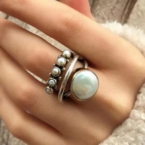 Vintage Silver Distressed Pearl Open Ring, Rings, color:As Picture|size:One-size, JustFashionNow